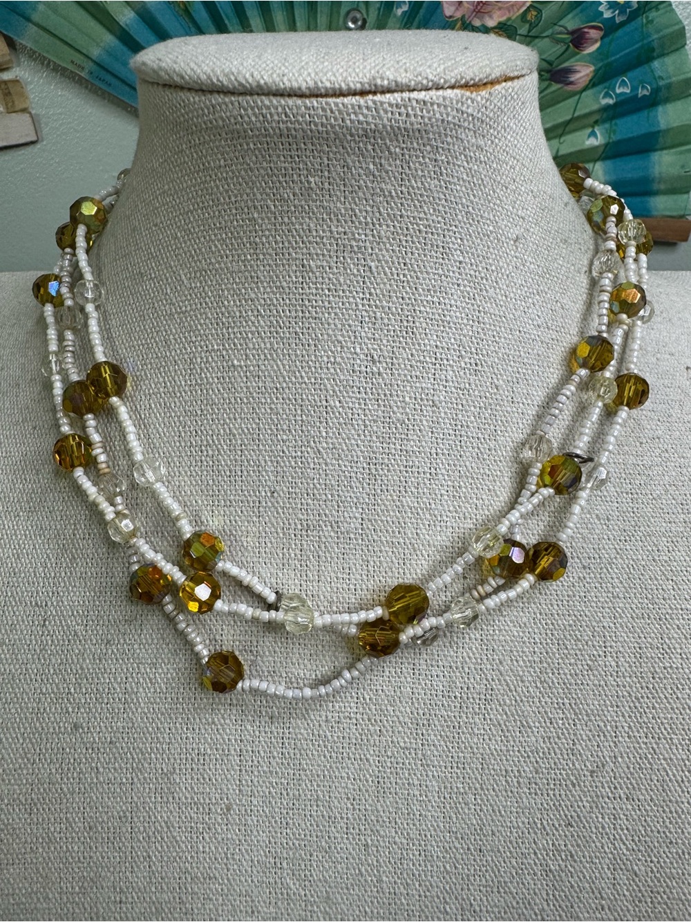Hand Crafted White and Amber Crystal Multi-Strand Necklace